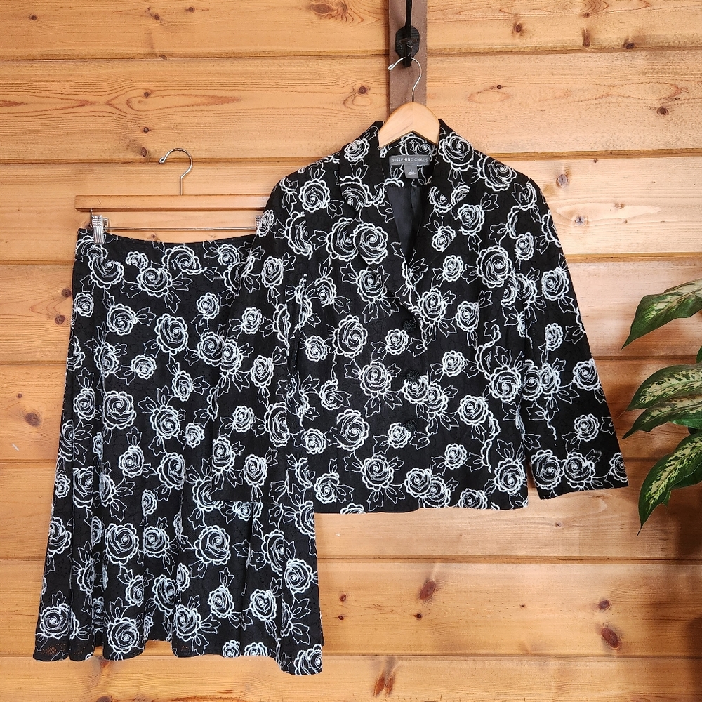 Josephine Chaus Suit Set Black Lace Floral Embroider Blazer Sz 6 Midi Skirt Sz 4